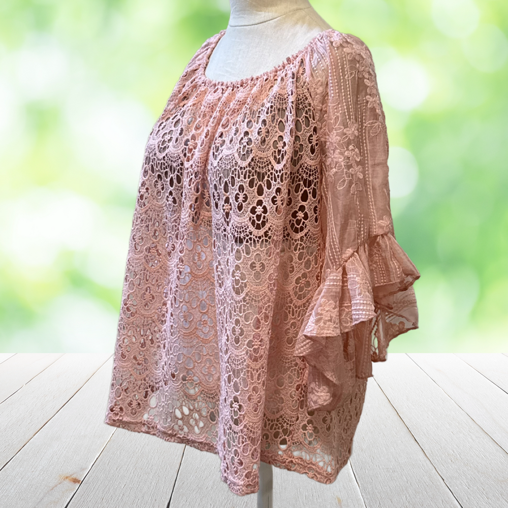 CATO Sheer Floral Lace Peasant Top Tiered Ruffle Bell Sleeve Peach Coquette Sz L